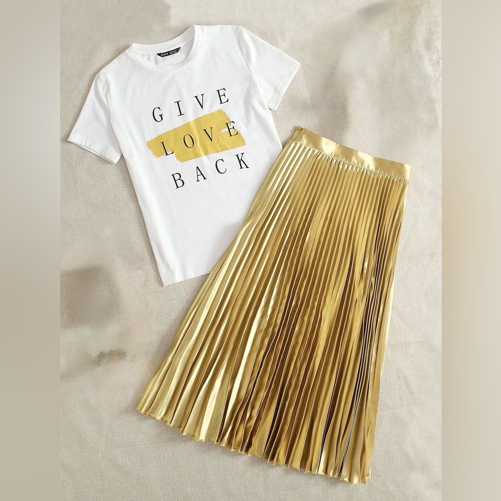 White T-shirt and Gold Metallic Pleated Midi Skirt SET
